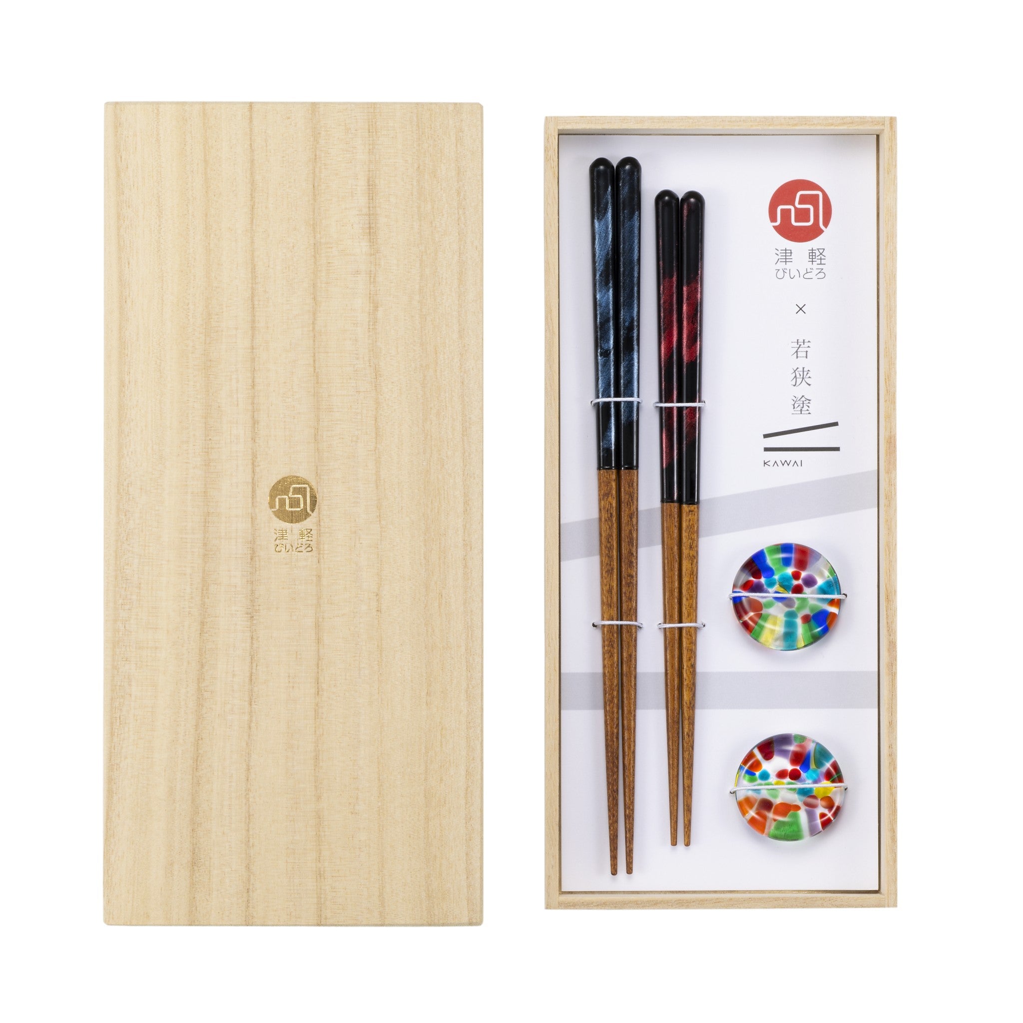 津軽びいどろ NEBUTA ねぶた箸置箸セット 木箱に入ったガラス箸置きと箸のセット