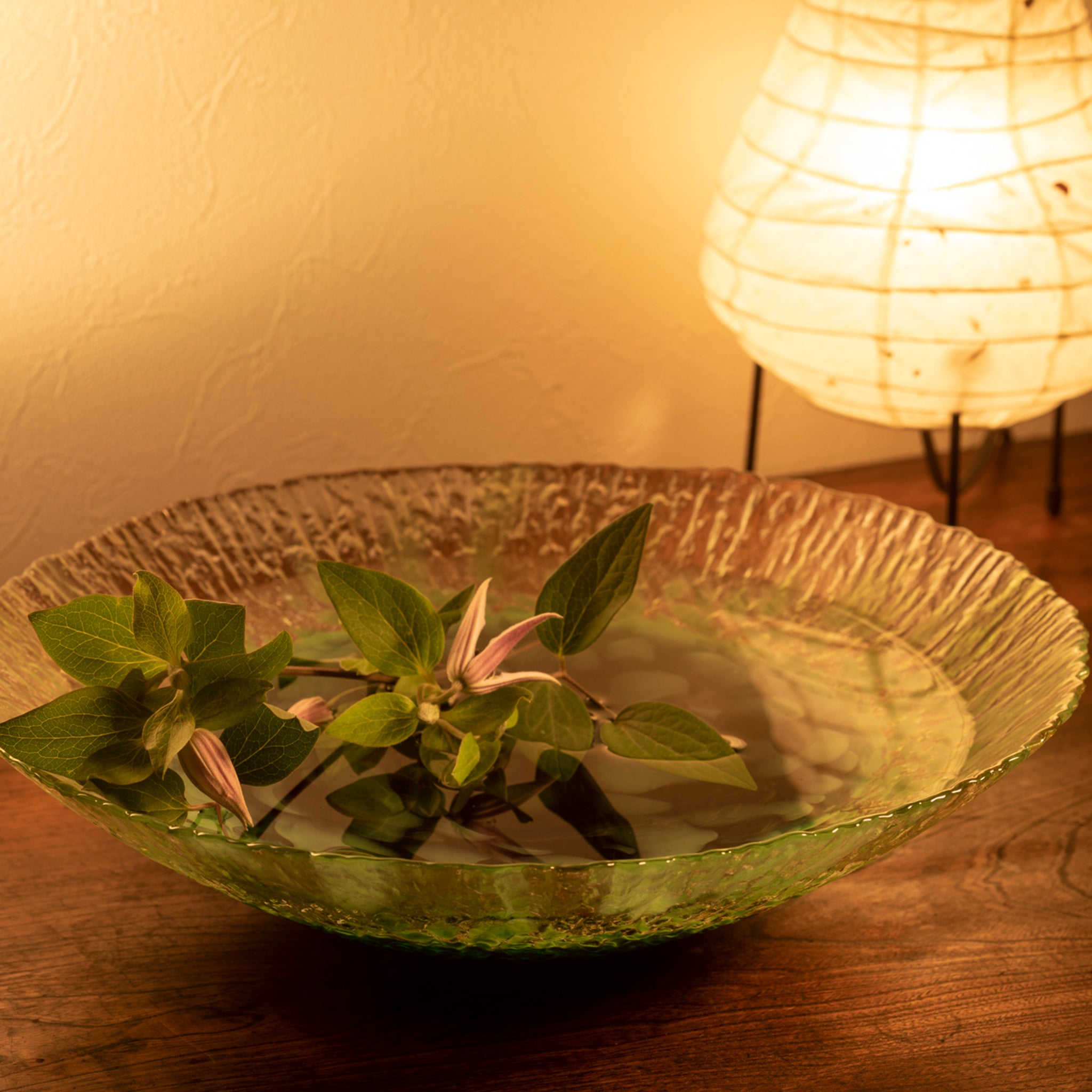 津軽びいどろ 水盤 C新緑 花材を活けた水盤の画像