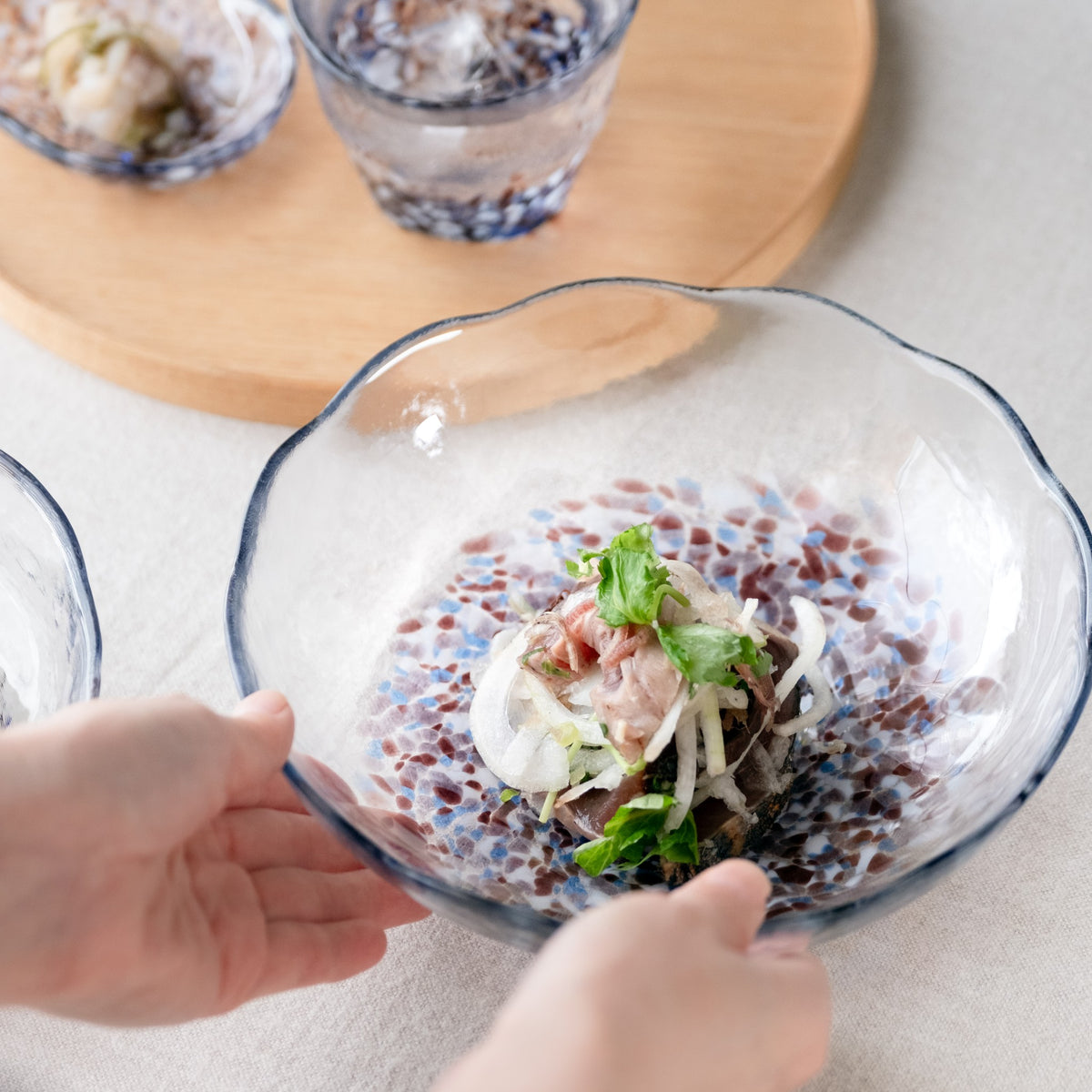津軽びいどろ 津軽の花 ガラス麺鉢 片栗 そうめんや冷製パスタなど幅広く使えるガラスのうつわ
