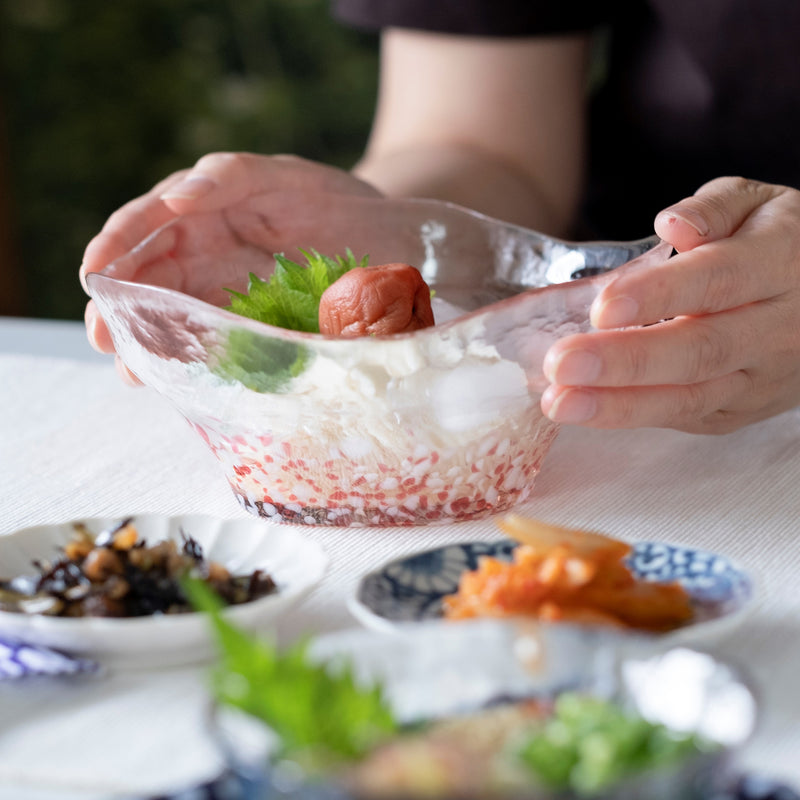 津軽びいどろ 津軽の花 多様鉢林檎 素麺の入ったガラス皿に手を添えている画像