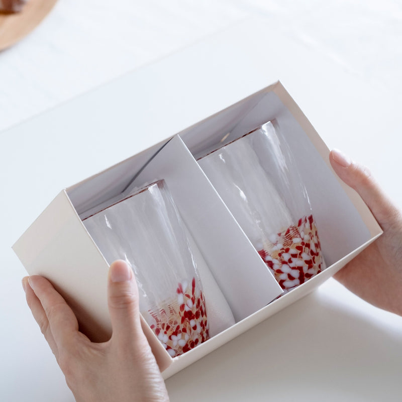 津軽びいどろ りんご タンブラーペア グラスが入った化粧箱を手で持っている画像